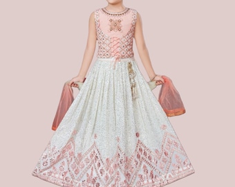 Girls Lehenga Choli Ethnic Party Wear 4-16 yrs Light Peach Cream lehenga Skirt Set with Free shipping rate within US