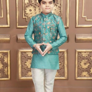 Kids Boys Kurta Jacket Pajama Turquoise set Kids 1-12yrs Dress Readymade Ethnic Party Wear Festive Wear Free shipping within US