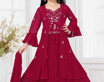 Girls Lehenga Choli long Jacket Ethnic Party Wear 4-14 yrs Red Skirt Set with Flat shipping  within US