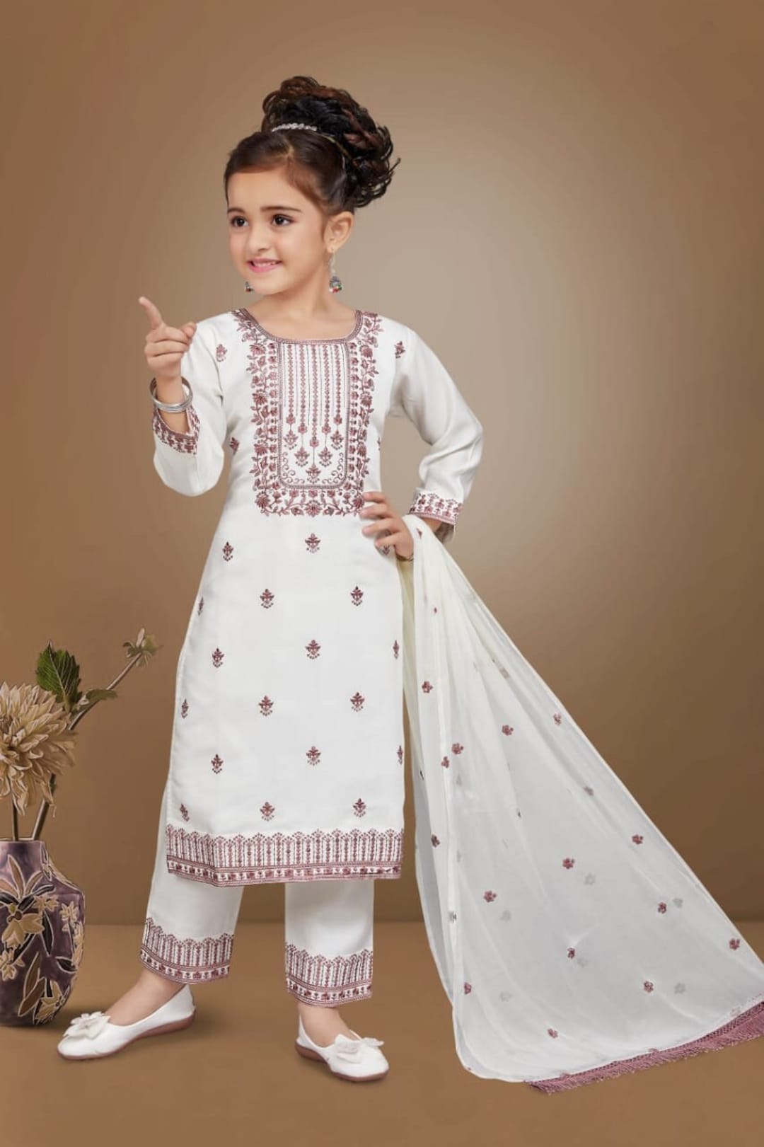 Girls White Salwar Kurta With Dupatta Indian Ethnic Party Wear Set