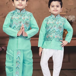 Boys Teal blue kurta pajama Ethnic Party Wear, Waistcoat, Dhoti  Set 3-24months with Free shipping rate within US