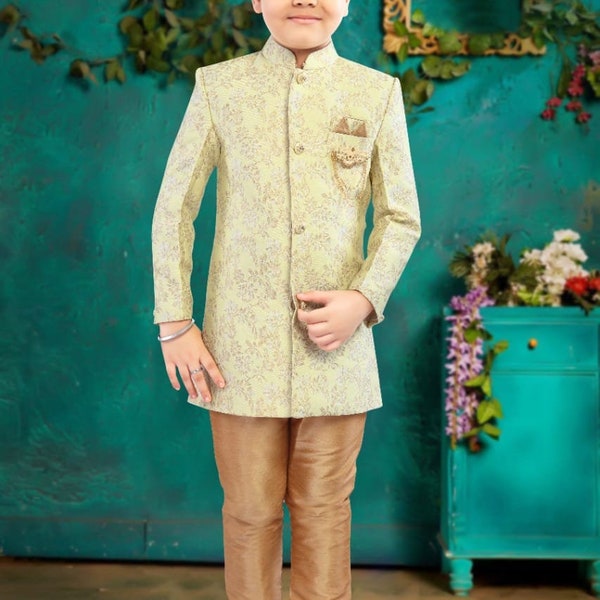 Boys Sherwani Set Lemon Yellow Ethnic Party Wear, Set 1-14 yrs with Free shipping rate within US