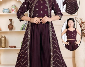 Girls Brown Sharara Salwar Kurta with Dupatta Indian Ethnic Party Wear set 3-15 yrs with Free shipping rate within US