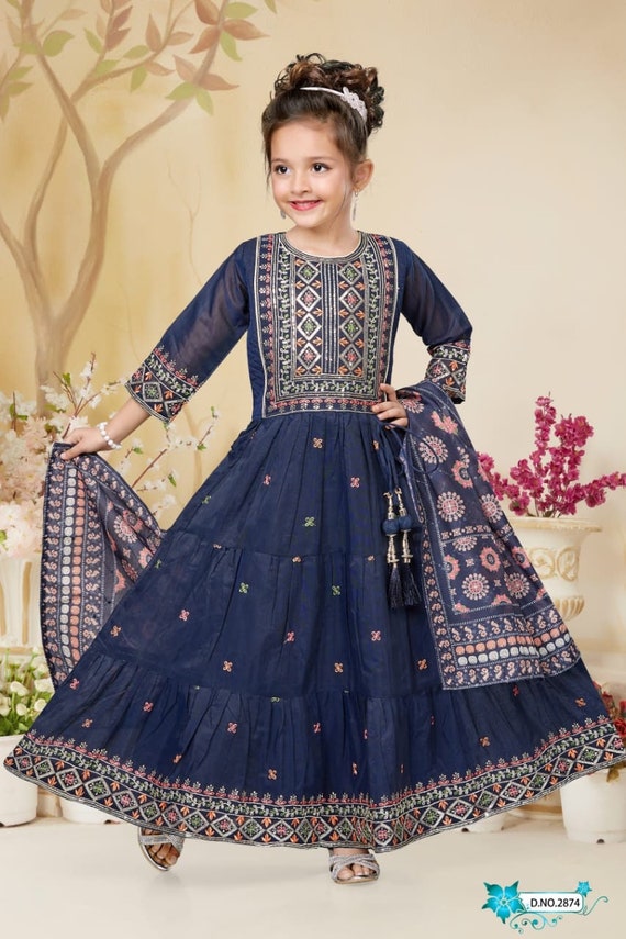 Girls Navy Blue Salwar Kurta With Dupatta Indian Ethnic Party Wear
