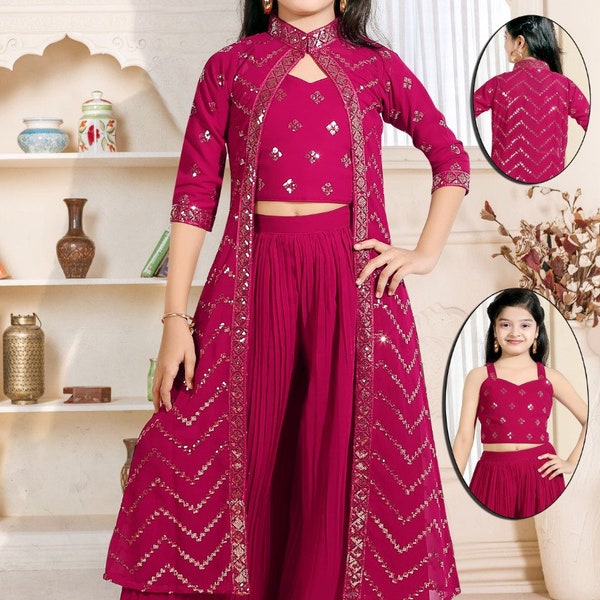 Girls Fuchsia /Red Sharara Salwar Kurta with Dupatta Indian Ethnic Party Wear set 3-15 yrs with Free shipping rate within US