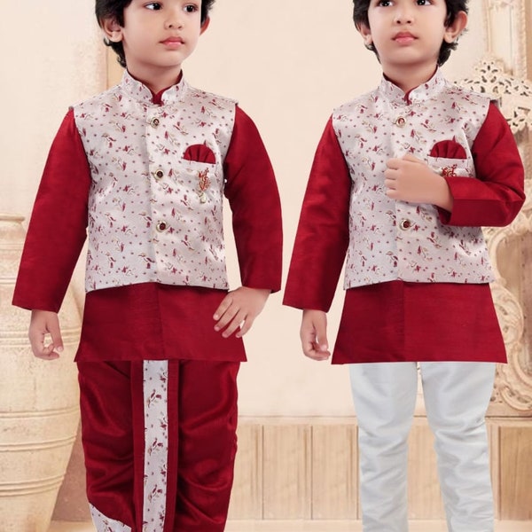 Boys kurta pajama Red/White Ethnic Party Wear, Waistcoat, Dhoti  Set 3-24months with Free shipping rate within US