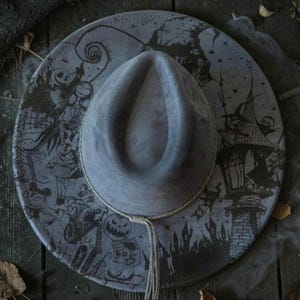 Engraved Gothic Wide Brim Hat, Spooky Western Fedora, Halloween Hat, Dark Alternative Fashion, Unique Statement Gift