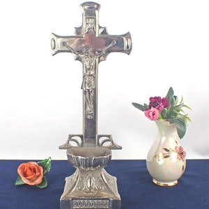 Crucifix with holy water tank metal casting about 70s 28 cm high INRI with stand