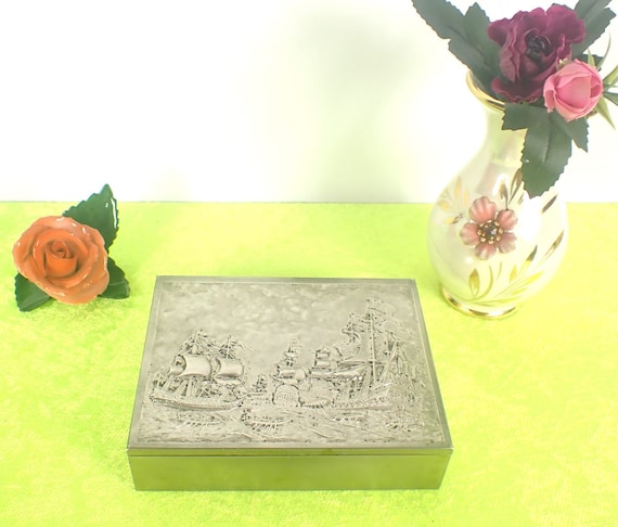 Cigar / cigarette case metal silver-plated or nickel-plated with wooden insert