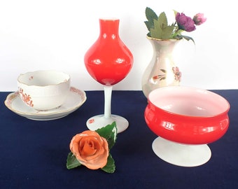 Italian glass vase glass objects Opaline red/white rare 60s 2-piece