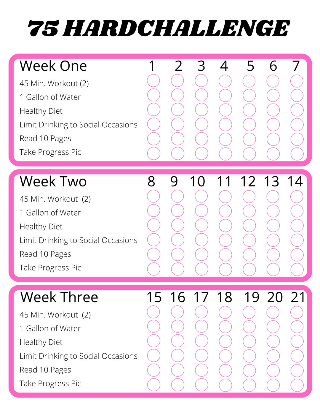75 Hard Challenge Fitness Challenge Printable Instant Download Pink Option 3 Etsy