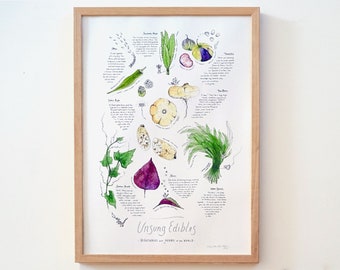 Food Art Print ‘Vegetables & Herbs of the World’ | A2 Food Poster | Botanical Art Print | Food Drawing WITH BONUS Cooking Companion Card