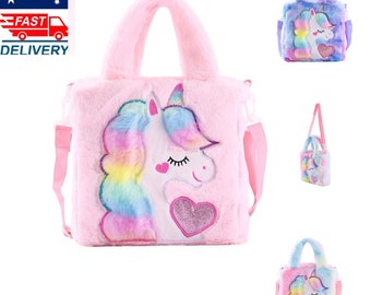 Children Unicorn Handbag Shoulder Bag Soft Plushy Cotton Candy Pink Purple Rainbow