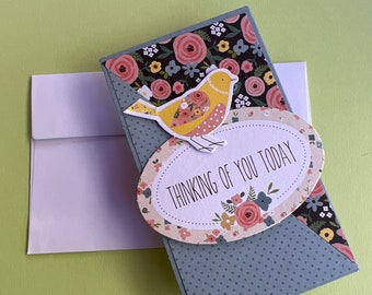 Thinking of you card-handmade Mini card, birds, pink, blue and grey flowers, with polka dots, great for addition for a gift. Tri-fold card.