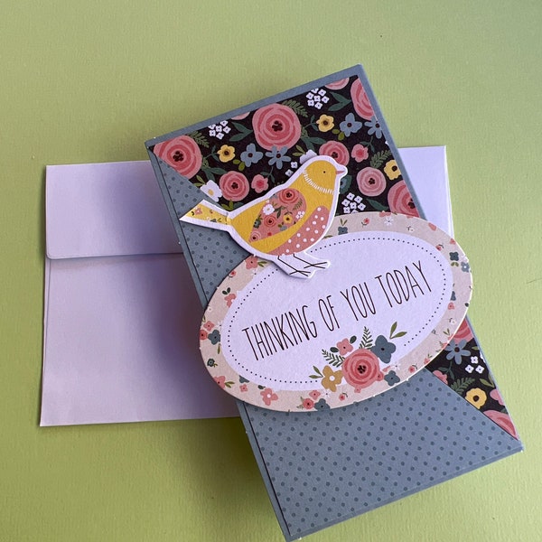 Thinking of you card-handmade Mini card, birds, pink, blue and grey flowers, with polka dots, great for addition for a gift. Tri-fold card.
