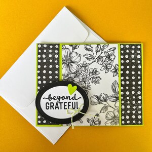 Grazie, nero/bianco/verde, oltre riconoscente, dettagli con abbellimenti, timbrato con sentimento, carta unica fatta in casa, bellissimi fiori