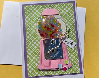 Bubblegum machine handmade card- says enjoy!  Pick your own sentiment, gumballs, gingham, purple, pink, green white card stock.  Shaker card