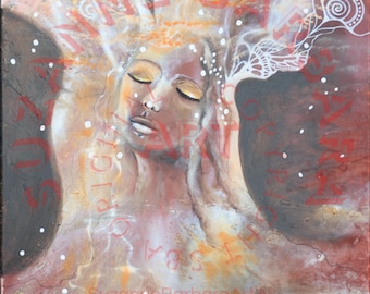 Bajo el árbol en flor, retrato abstracto femenino, pintura de mujer espiritual, arte mural de técnica mixta, obra de arte original