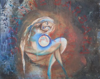 Pearlwoman, pintura figurativa original, arte inspirado en el océano, obra de arte espiritual femenina, pintura al óleo de técnica mixta, arte mural texturizado