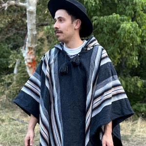Black peruvian  poncho with grey and brown lines