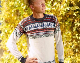 Handgefertigter Herren Alpaka Pullover: Anden Lama Muster, Handgestrickt