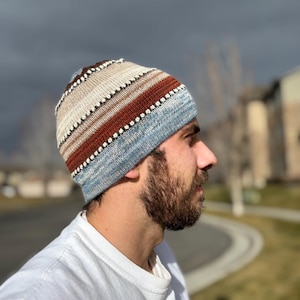 May include: A striped knitted beanie in shades of blue, brown, and cream. The hat has a repeating pattern of small white bobbles along the edges. The beanie is a winter accessory.