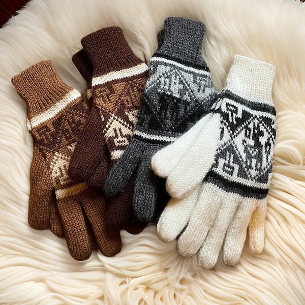Doppellagige Alpaka-Handschuhe für Erwachsene, dicke Winterhandschuhe, Herrenhandschuhe, Damenhandschuhe, warme Alpaka-Handschuhe mit Lama-Design, Strickhandschuhe
