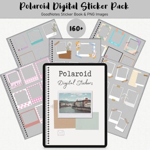 May include: A digital sticker pack featuring the text "Polaroid Digital Sticker Pack" and "GoodNotes Sticker Book & PNG Images." The image displays a tablet and several notebooks with Polaroid-style digital stickers, including frames and floral accents. The image also includes the text "160+."