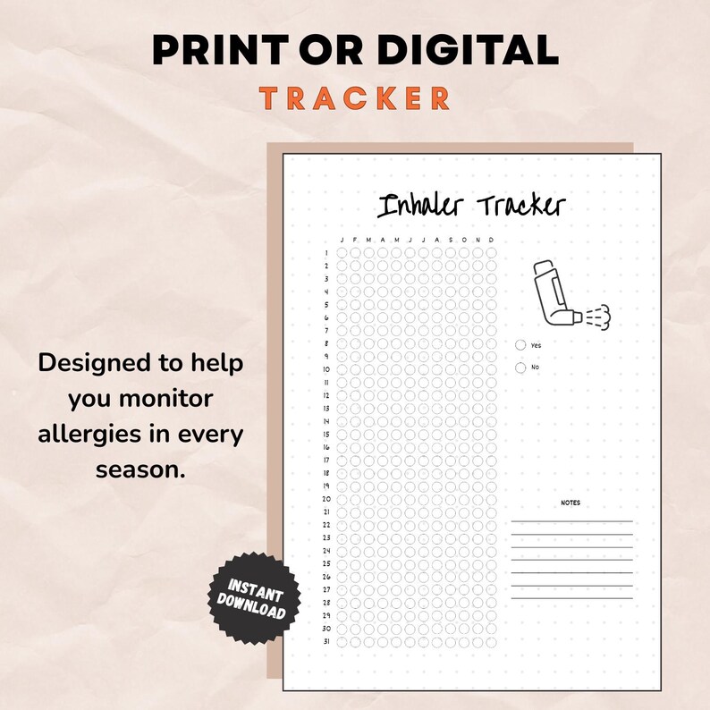 Printable Inhaler Asthma Inhaler Tracker Printable, Symptom & Medication Journal (PDF ...