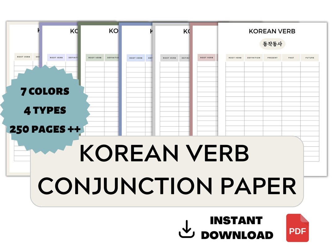 Korean Verb Conjugation Paper, Practice Korean, Learn Korean, 한국어 Etsy