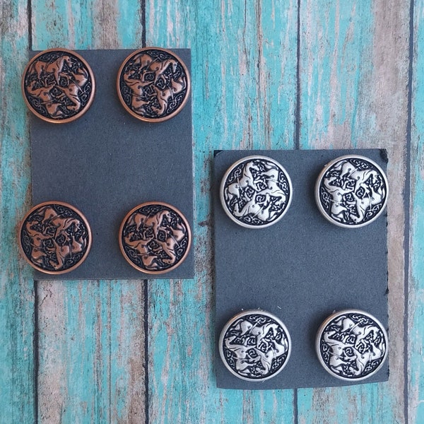 Celtic horses 4 piece Magnetic number pins - Copper or Silver burnished metal. Horse show magnets.