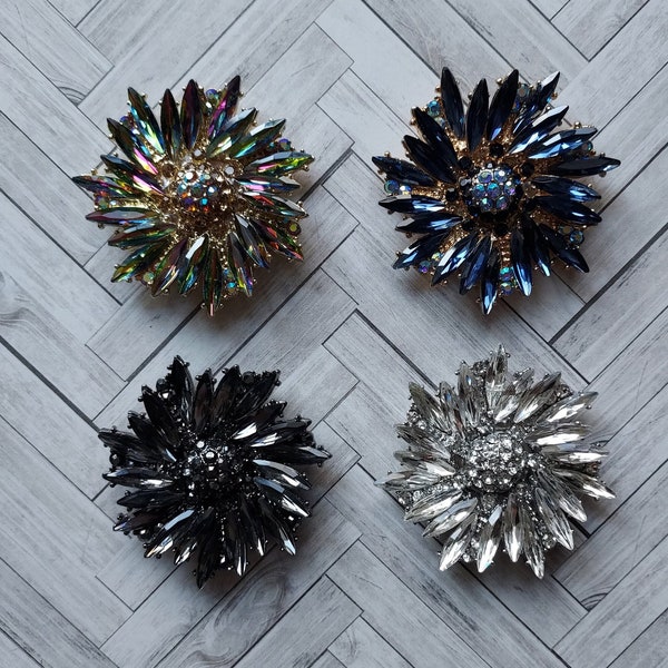 48mm Gorgeous marquise crystal MAGNETIC brooch in 4 beautiful colors. Blue, Black, Vitrail, Clear crystal brooch. Scarf brooch, dress brooch