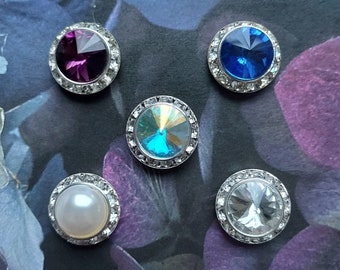 Magnetic Sash pin, Lapel Brooch. Choose Clear, AB, Plum, Blue crystal or Faux Pearl.   Heavy duty, Magnetic button pins, number pins.