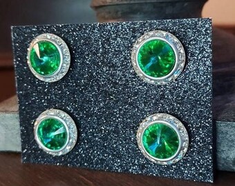 CLEARANCE! Large Emerald green Rivoli crystal magnetic number pins, Bib Magnets.  Magnetic clothing pins, dance pins.