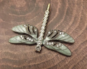 Magnetic Sage green Dragonfly brooch set in antique gold-tone metal.