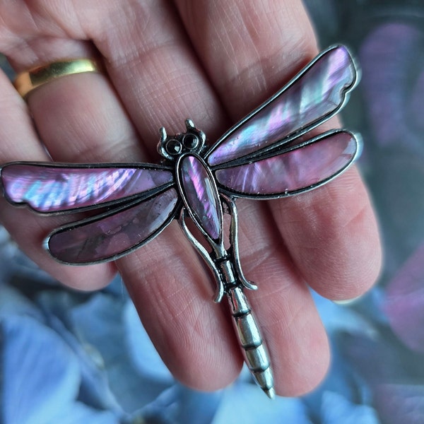 Abalone shell Magnetic Dragonfly brooch, Purple shell, set in brushed silver tone. Dragonfly jewelry.  Dragonfly gift.