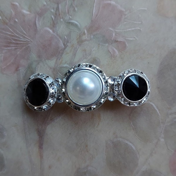 English Collar Magnetic brooch, Black and Pearl.  Stock tie brooch, Huntseat brooch.  Saddle Seat bun barrette.