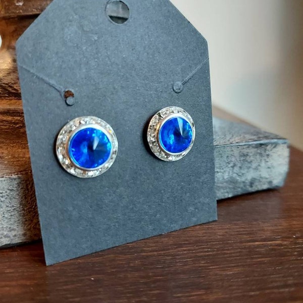 Clearance! 13mm Royal blue sapphire crystal post earrings to match 4 piece magnetic number pin set. Horse show earrings.  Dance earrings.