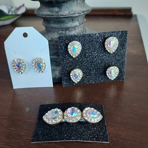 CLEARANCE! Set of tear-shaped magnetic number holders, Earrings and Brooch Collar.  AB crystals with a surround of clear faceted rhinestones