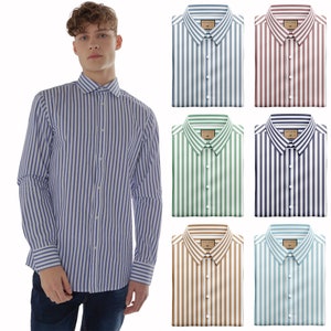 Mens Formal Business Shirts Long Sleeve Slim Fit Casual Striped Cotton Work Top