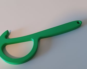 May include: A green plastic tool with a hook on one end and a handle on the other. The tool is designed to open cans.
