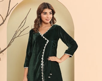 Forest Green velvet set, indian wear, kurta set, winter waer, velvet set, ethnic wear,wedding wear, women waer, green kurta set,mehendi wear