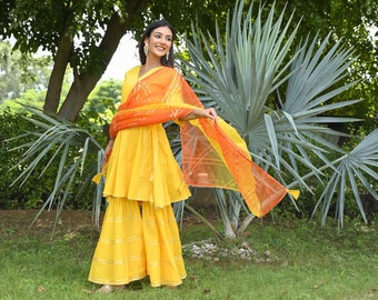 Geel gota sharara set bruiloft dragen etnische dragen Indiase dragen feestelijke mode dragen geel sharara set vrouwen dragen Indiase trouwkleding