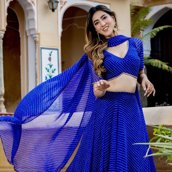 Sabyasachi style Blue bandhni lehenga ethnicwear, wedding, women clothing, indianwear, bridemaids, indian festive wear, Mothada, leheriya