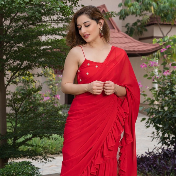 Royal red ruffle sharara saree , wedding wear, indian wear, festive wear, women wear, ethnic wear, gift to her , party wear , girls wear