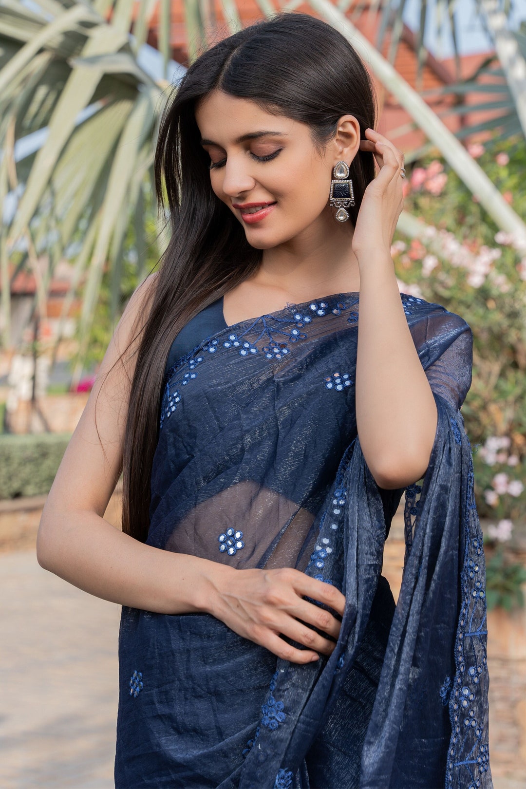 Navy Blue Mirror Work Saree Women Wear party Wear Girls Etsy