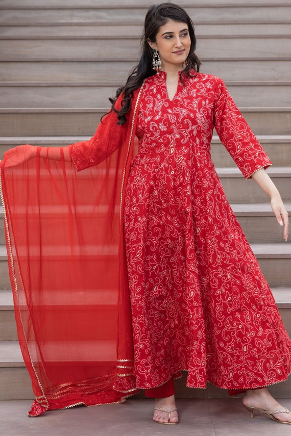 Bandhani Printed Anarkali Kurta with Jacket For Women, Anarkali Dress | eBay