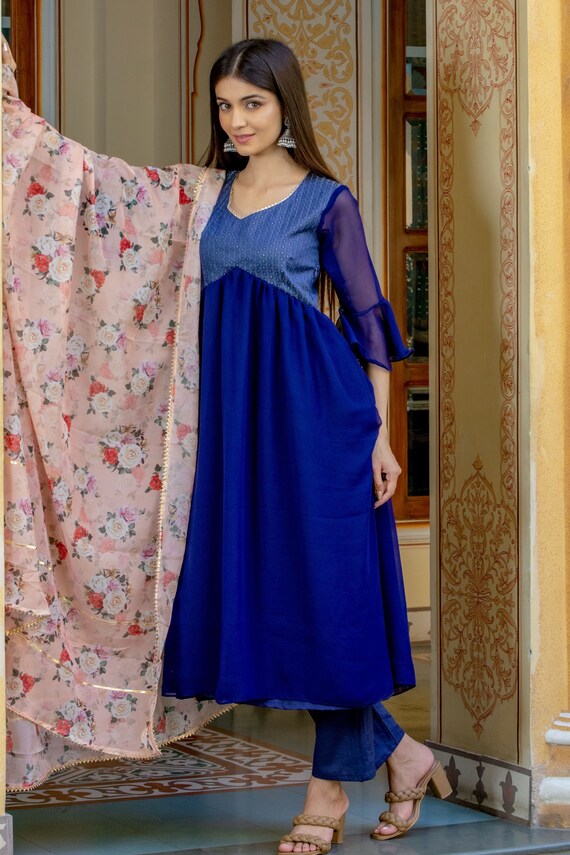 Royal Blue Brocade Umbrella Kurta Set Kurta Set Wedding Wear Etsy