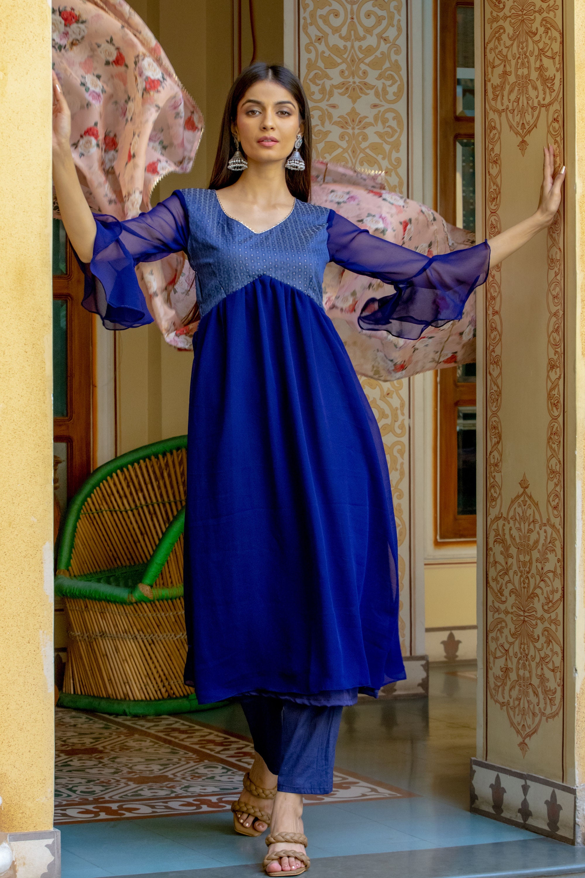 Royal Blue Brocade Umbrella Kurta Set Kurta Set Wedding Wear Etsy