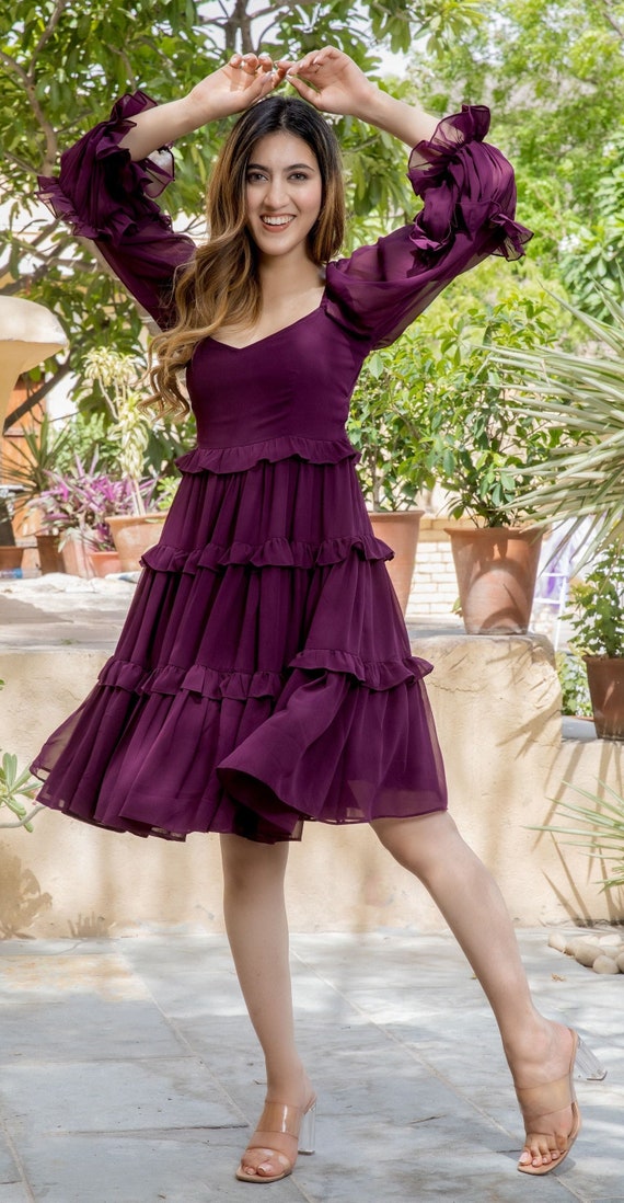 Dark Grape Ruffle Tired Mini Dress, Ruffled Dress, Knee Length